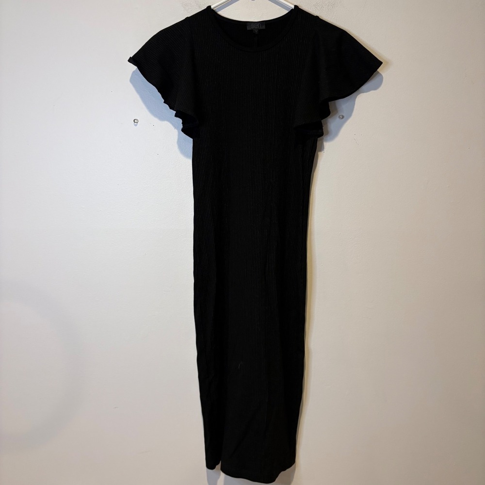 SEN‎ Black Ribbed Stretch Flutter Sleeve Midi Dress Size 1 Basic Simple Capsule